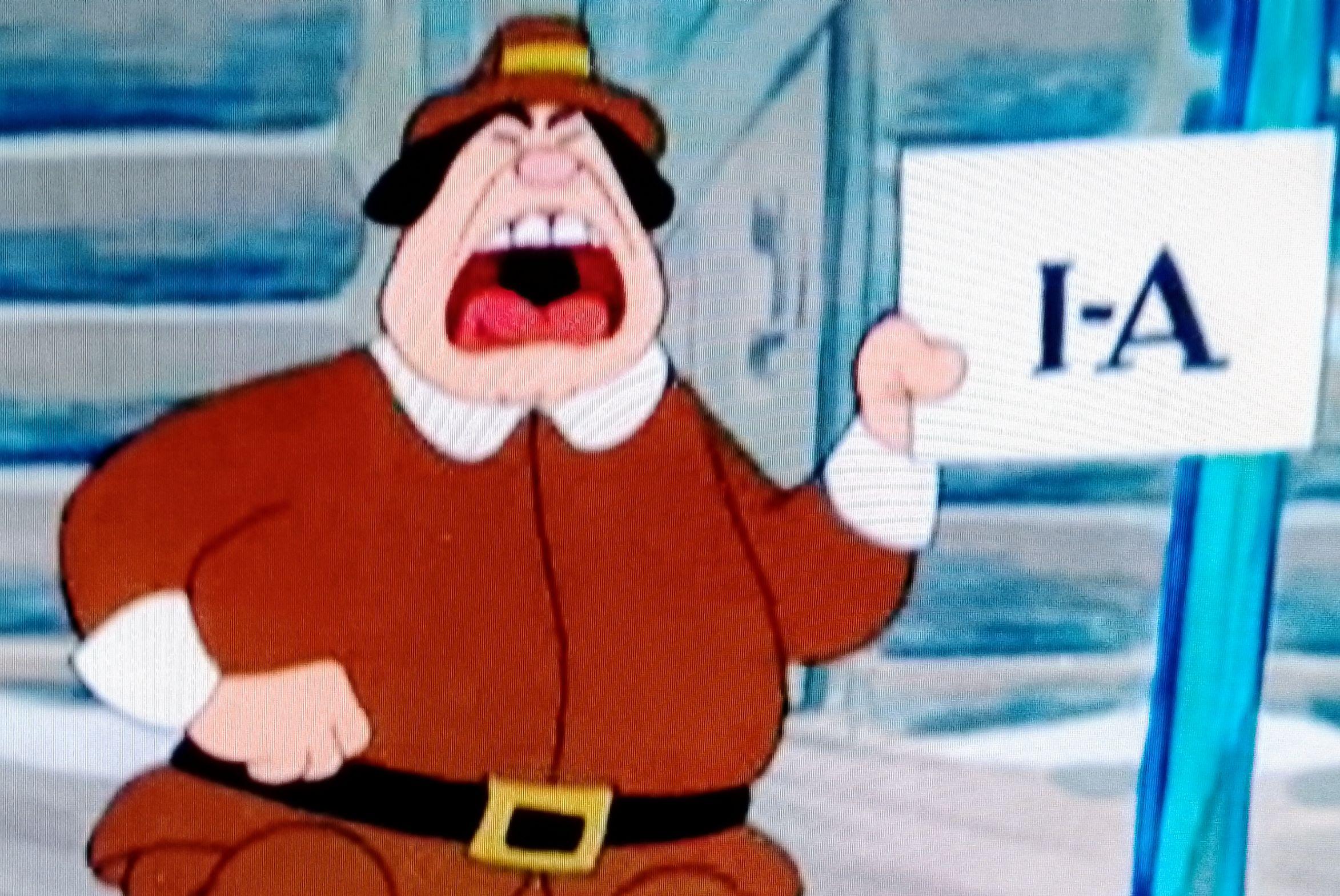 Un personnage de dessin animé vieillot crie bouche grande ouverte en tenant un panneau où est écrit en majuscules I-A